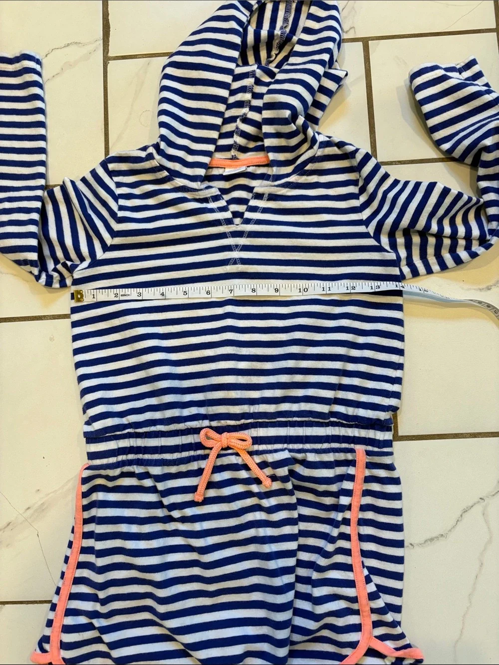 Gymboree Blue, White Striped Hooded Dress/Swim Cover with Coral Trim - size 7/8